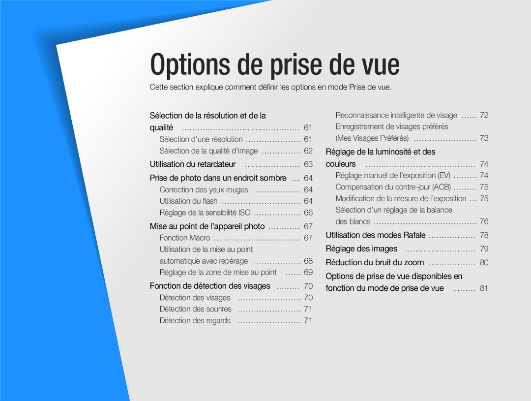 Samsung EC-DV300FBPLE1, EC-DV300ZBPRE1 manual Sélection de la résolution et de la, Utilisation du retardateur ………………… 