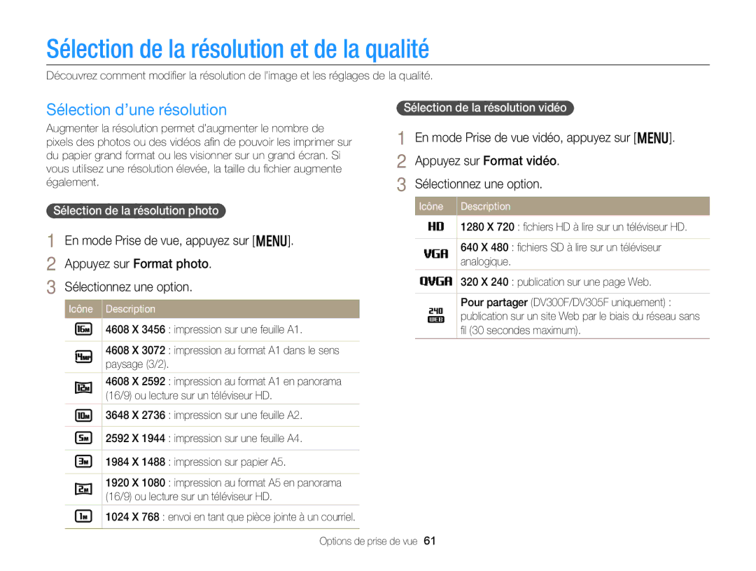 Samsung EC-DV300FBPRE1, EC-DV300ZBPRE1 manual Sélection de la résolution et de la qualité, Sélection d’une résolution 