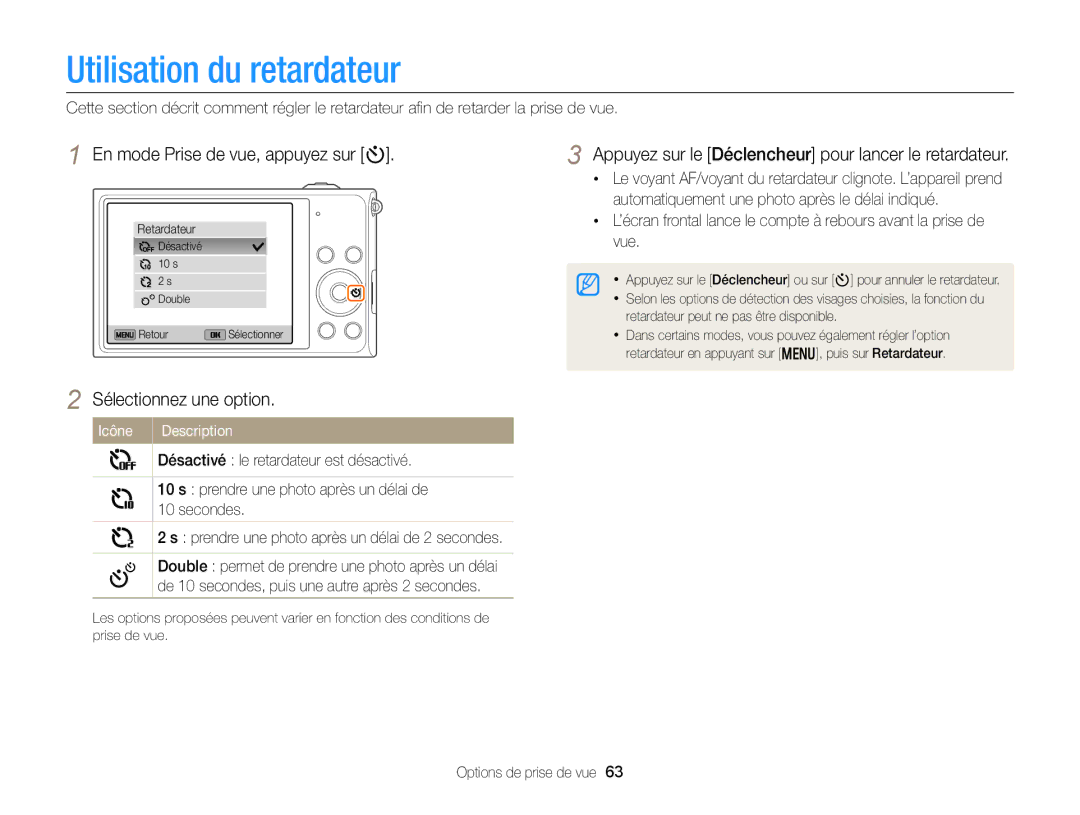 Samsung EC-DV300ZBPBE1, EC-DV300ZBPRE1, EC-DV300FBPLE1 manual Utilisation du retardateur, En mode Prise de vue, appuyez sur t 