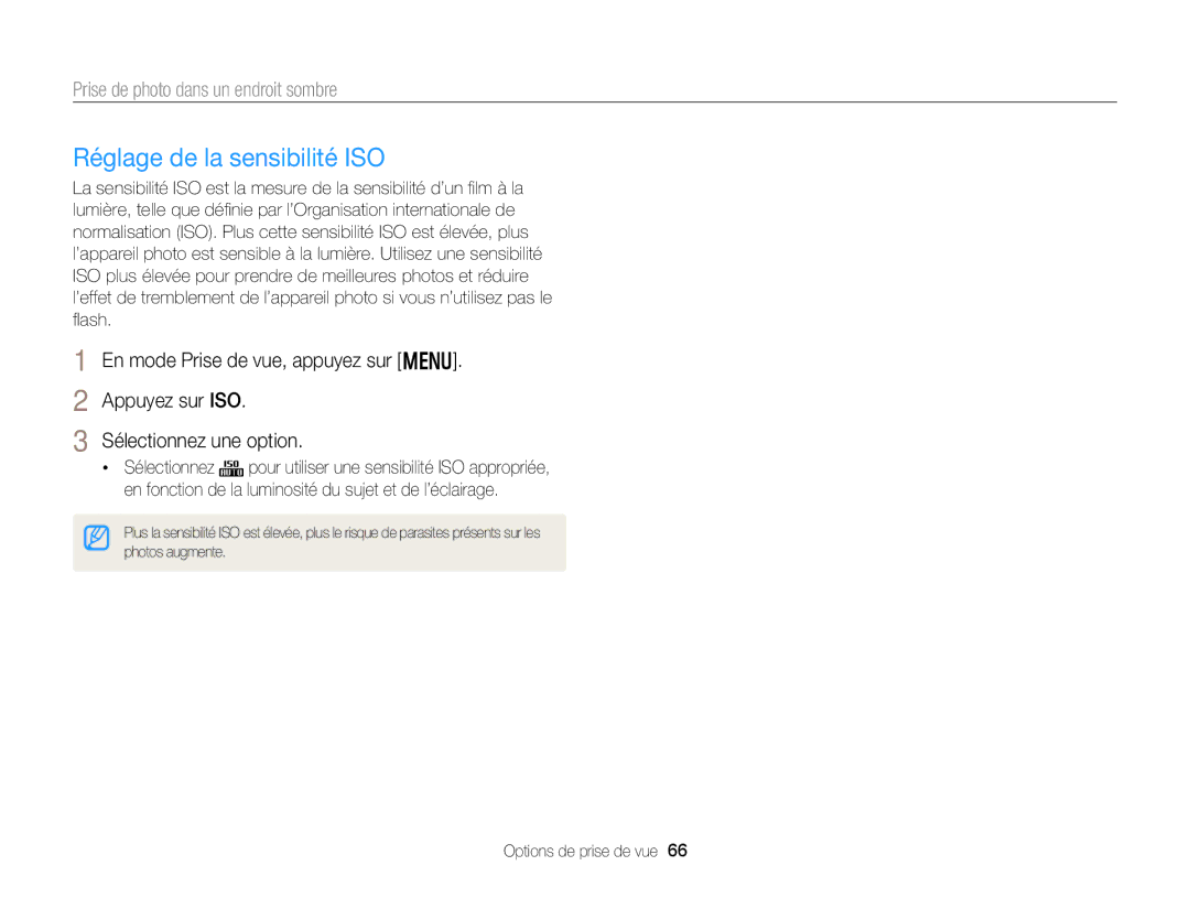 Samsung EC-DV300FBPRE1, EC-DV300ZBPRE1, EC-DV300FBPLE1, EC-DV300FBPBE1, EC-DV300ZBPBE1 manual Réglage de la sensibilité ISO 