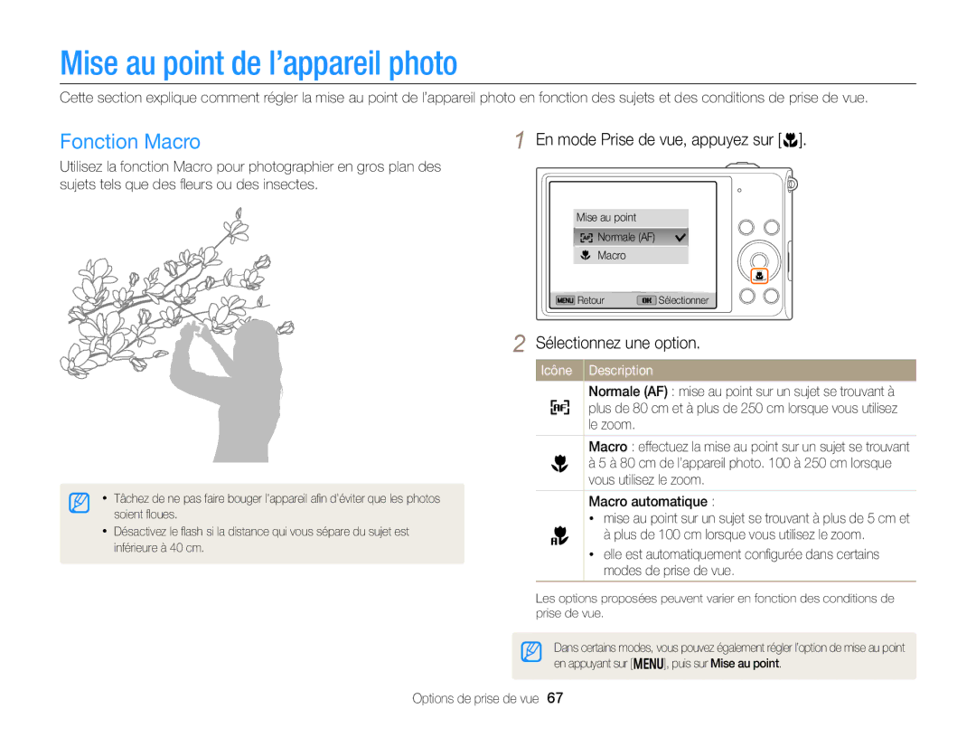 Samsung EC-DV300FBPBE1 manual Mise au point de l’appareil photo, Fonction Macro, En mode Prise de vue, appuyez sur c 