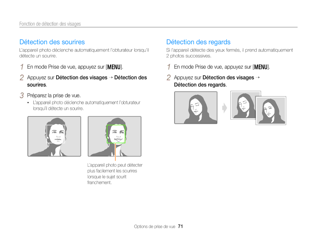 Samsung EC-DV300FBPRE1, EC-DV300ZBPRE1 Détection des sourires, Détection des regards, Fonction de détection des visages 