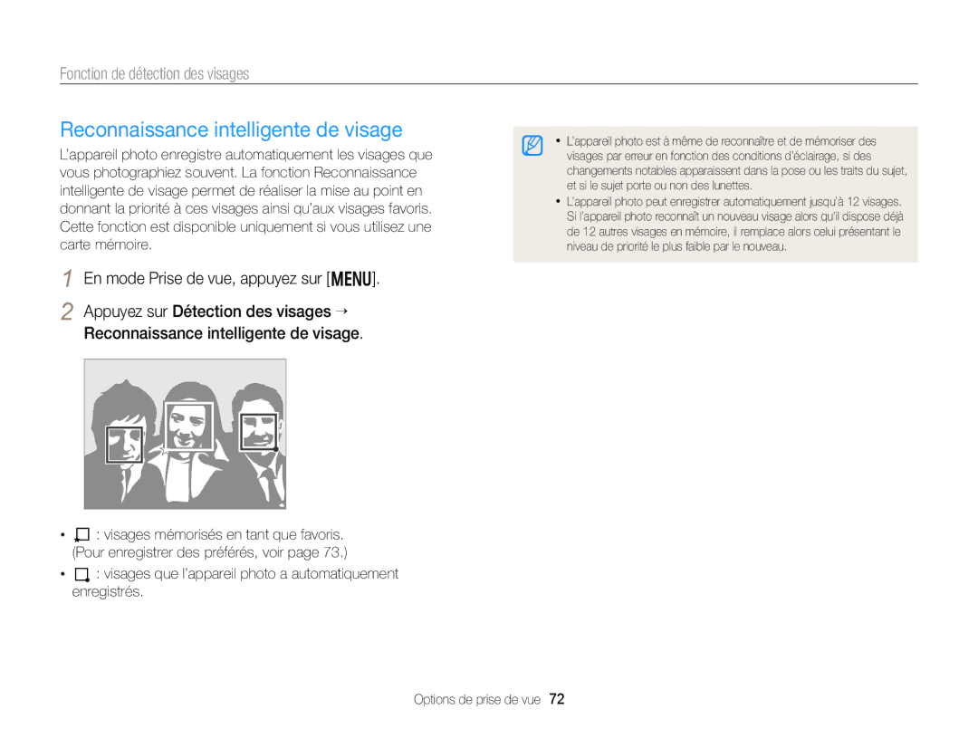 Samsung EC-DV300FBPBE1 Reconnaissance intelligente de visage, Visages que l’appareil photo a automatiquement enregistrés 