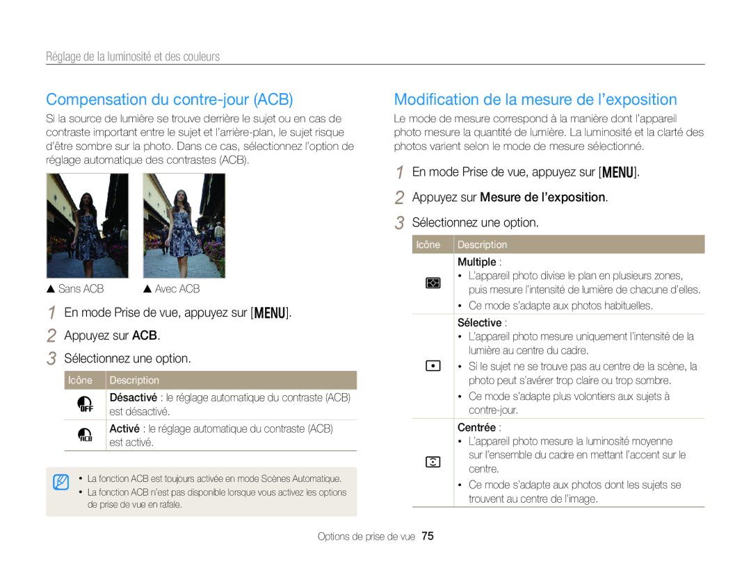 Samsung EC-DV300FBPLE1, EC-DV300ZBPRE1 manual Compensation du contre-jour ACB, Modiﬁcation de la mesure de l’exposition 