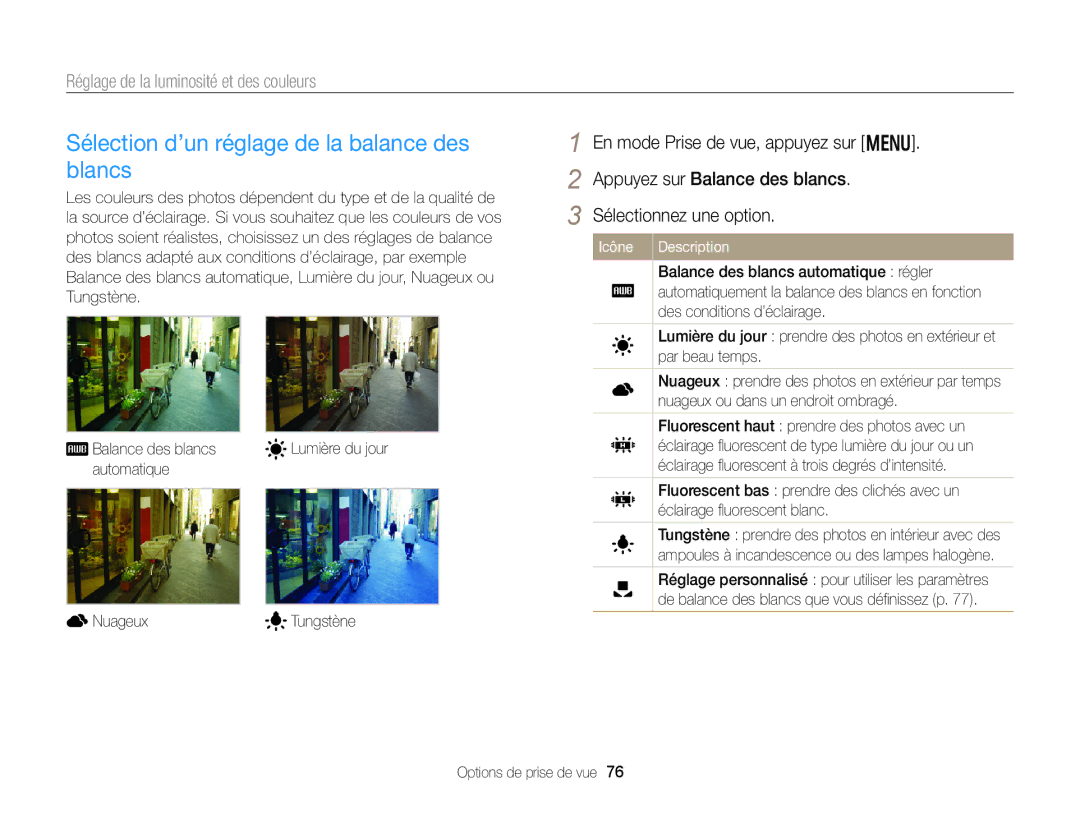 Samsung EC-DV300FBPRE1, EC-DV300ZBPRE1, EC-DV300FBPLE1, EC-DV300FBPBE1 manual Sélection d’un réglage de la balance des blancs 