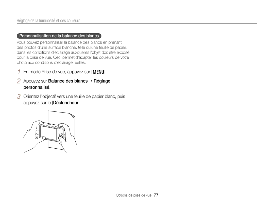 Samsung EC-DV300FBPBE1, EC-DV300ZBPRE1, EC-DV300FBPLE1, EC-DV300FBPRE1 manual Personnalisation de la balance des blancs 