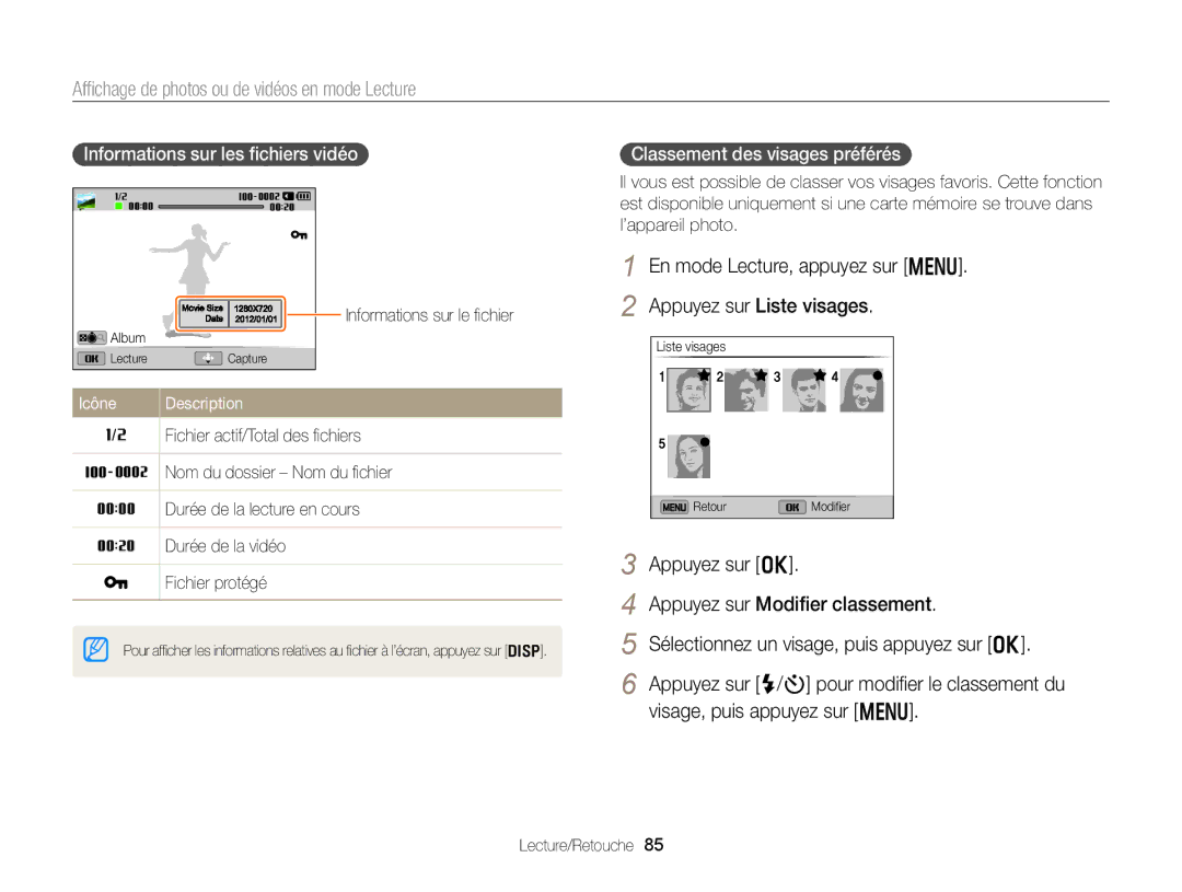 Samsung EC-DV300FBPLE1, EC-DV300ZBPRE1 Afﬁchage de photos ou de vidéos en mode Lecture, Informations sur les ﬁchiers vidéo 