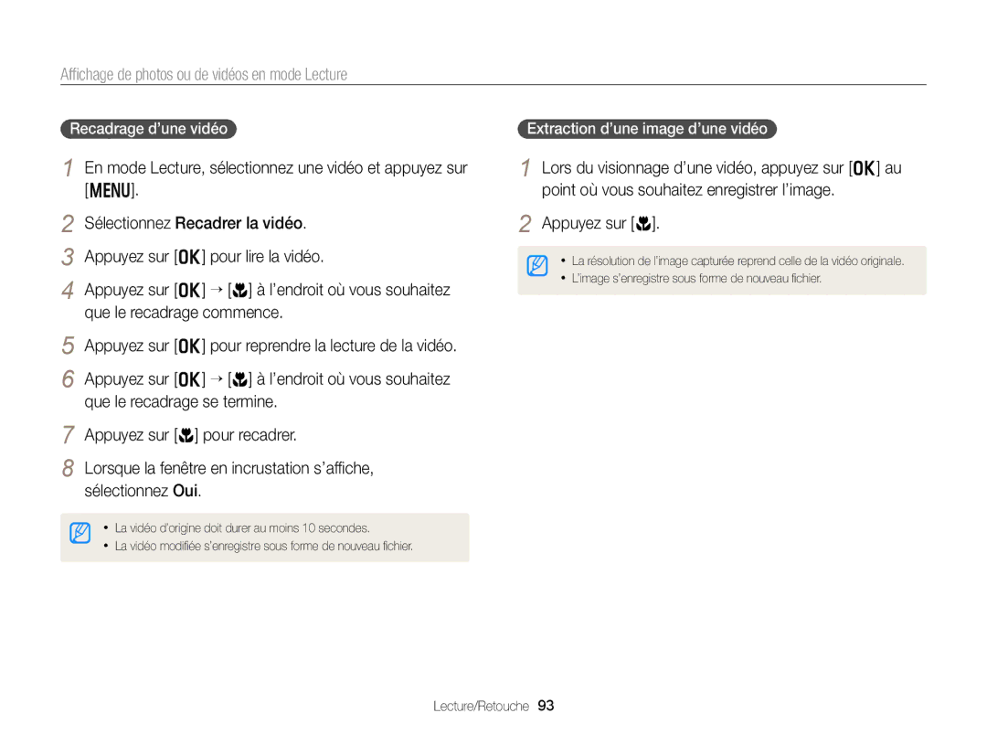 Samsung EC-DV300ZBPBE1, EC-DV300ZBPRE1, EC-DV300FBPLE1 manual Recadrage d’une vidéo, Extraction d’une image d’une vidéo 