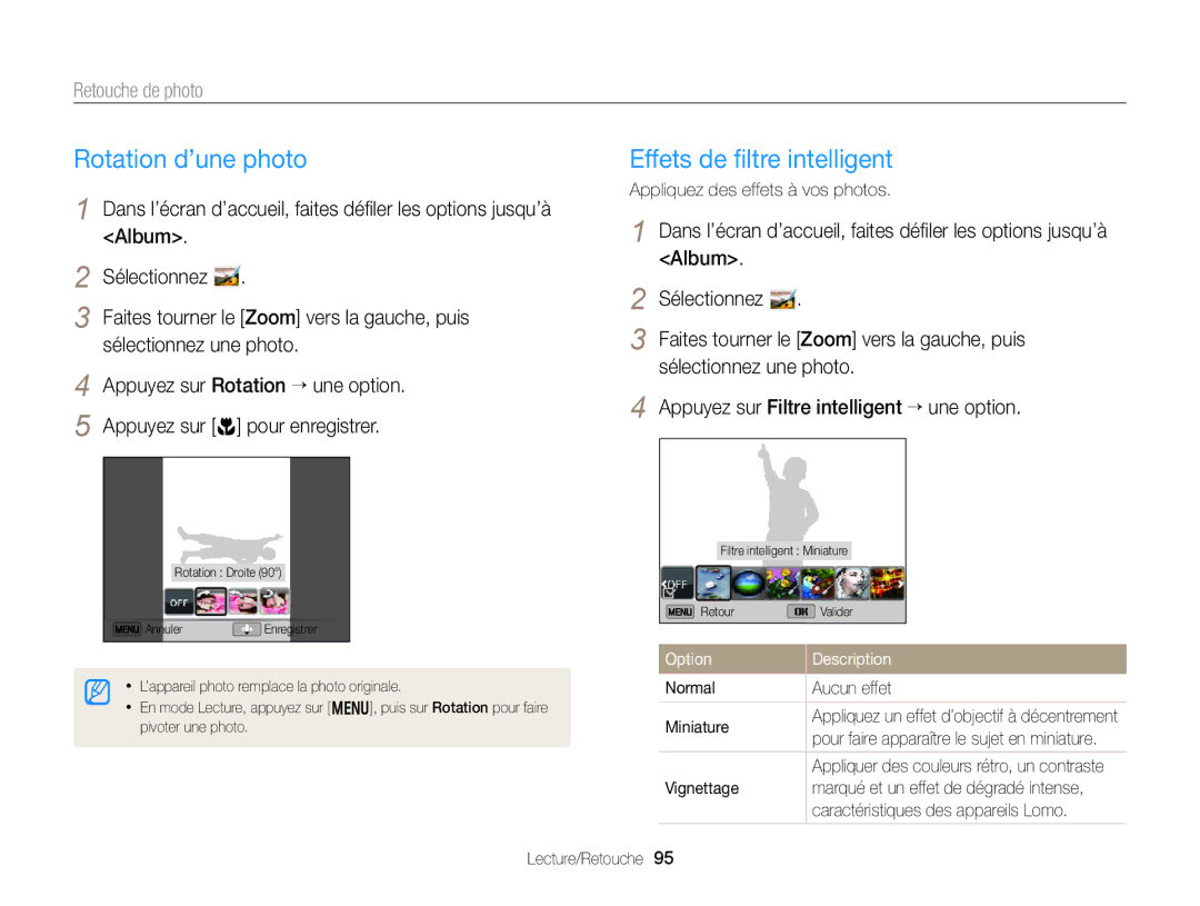 Samsung EC-DV300FBPLE1 Rotation d’une photo, Effets de ﬁltre intelligent, Retouche de photo, Normal Aucun effet Miniature 