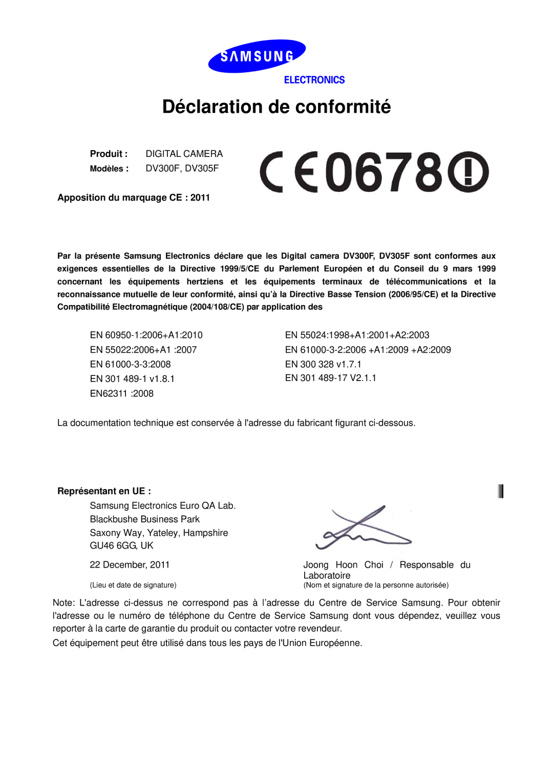 Samsung EC-DV300FBPLE1, EC-DV300ZBPRE1 manual Déclaration de conformité, Apposition du marquage CE, Représentant en UE 