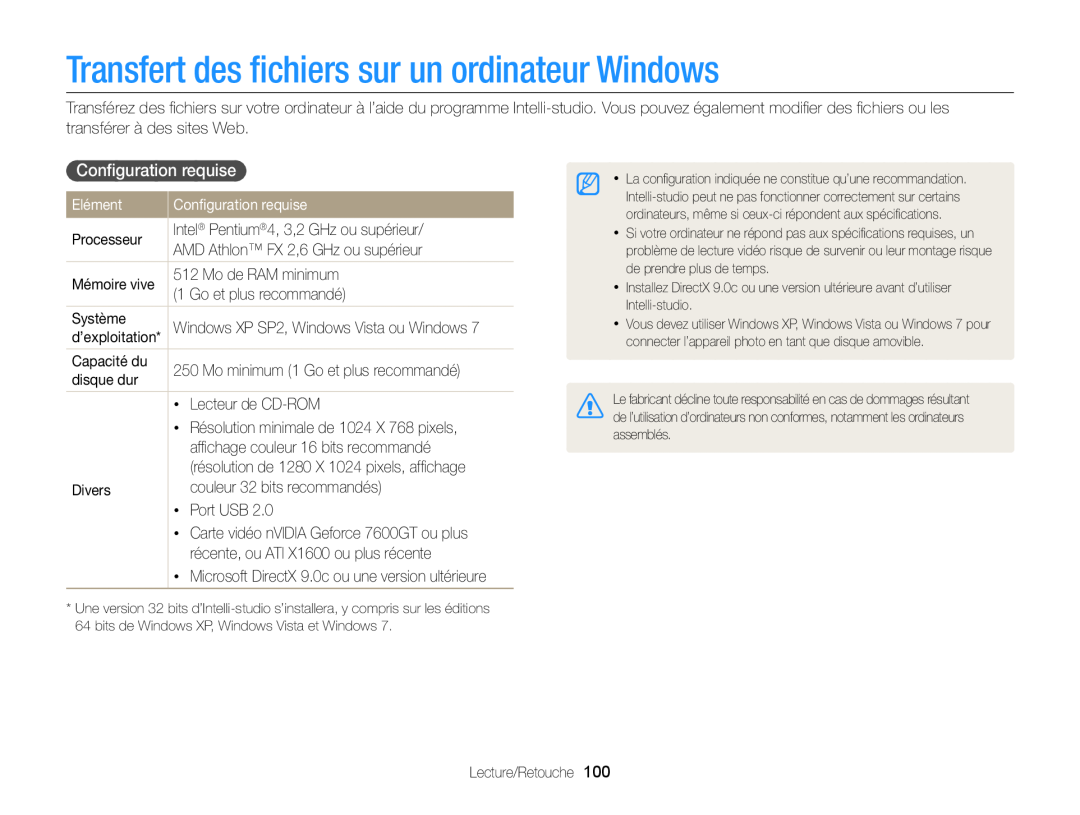 Samsung EC-DV300FBPLE1, EC-DV300ZBPRE1 manual Transfert des ﬁchiers sur un ordinateur Windows, Conﬁguration requise, Elément 