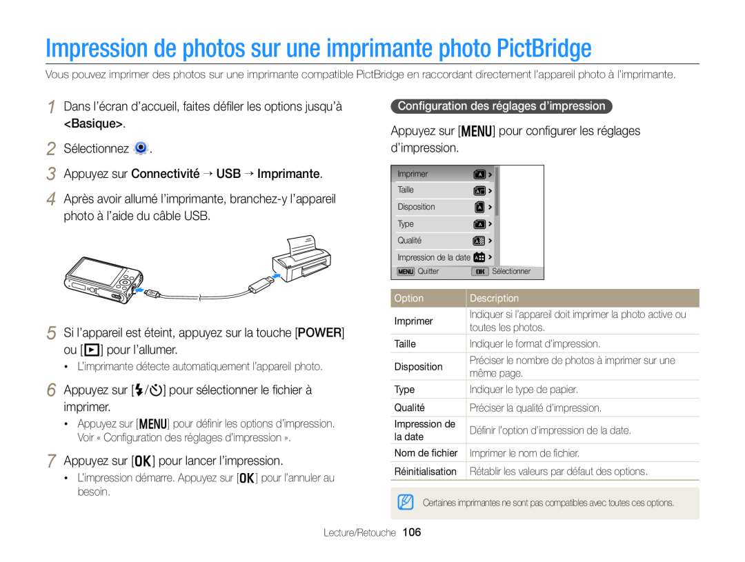 Samsung EC-DV300FBPRE1 Impression de photos sur une imprimante photo PictBridge, Appuyez sur o pour lancer l’impression 