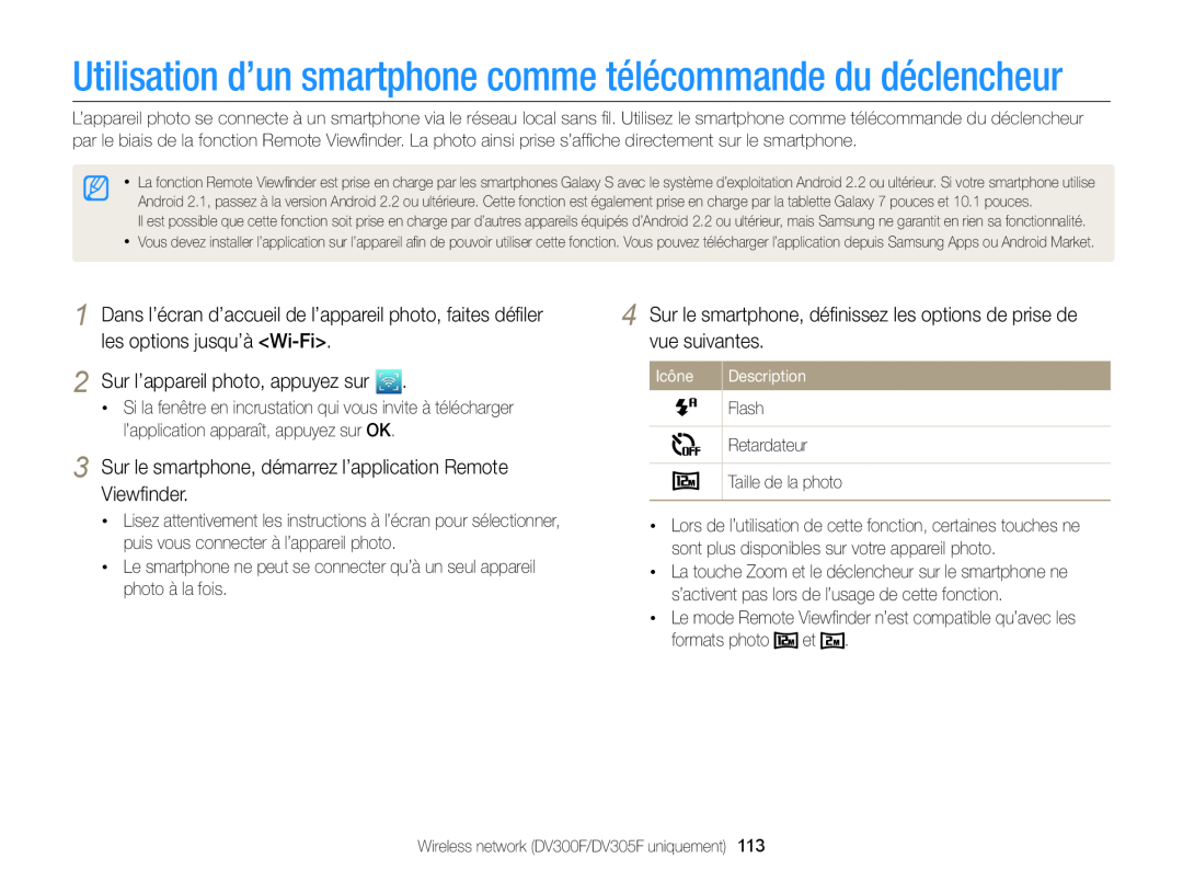 Samsung EC-DV300ZBPBE1 Sur le smartphone, démarrez l’application Remote Viewﬁnder, formats photo et, Icône, Description 