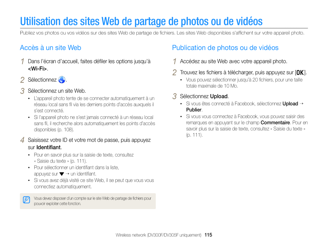 Samsung EC-DV300FBPLE1 Utilisation des sites Web de partage de photos ou de vidéos, Accès à un site Web, sur Identiﬁant 