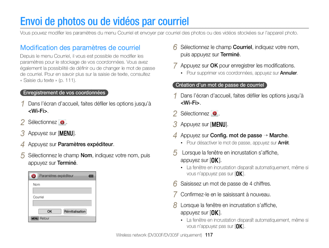 Samsung EC-DV300FBPBE1, EC-DV300ZBPRE1 Envoi de photos ou de vidéos par courriel, Modiﬁcation des paramètres de courriel 