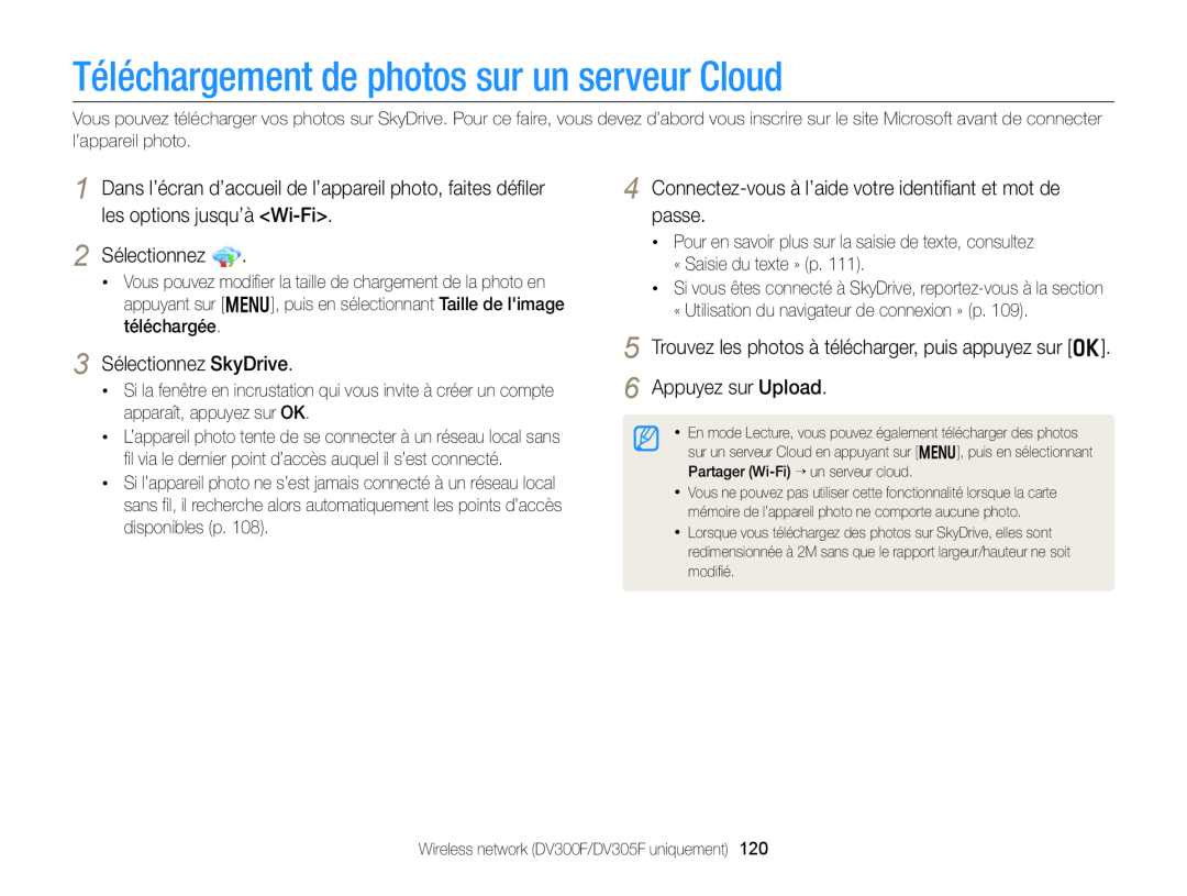 Samsung EC-DV300FBPLE1 manual Téléchargement de photos sur un serveur Cloud, 3 Sélectionnez SkyDrive, « Saisie du texte » p 