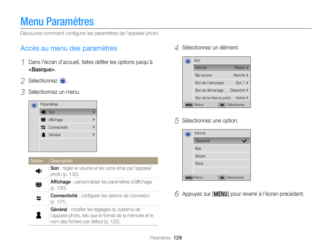 Samsung EC-DV300ZBPRE1 manual Menu Paramètres, Accès au menu des paramètres, 2 Sélectionnez 3 Sélectionnez un menu, Option 