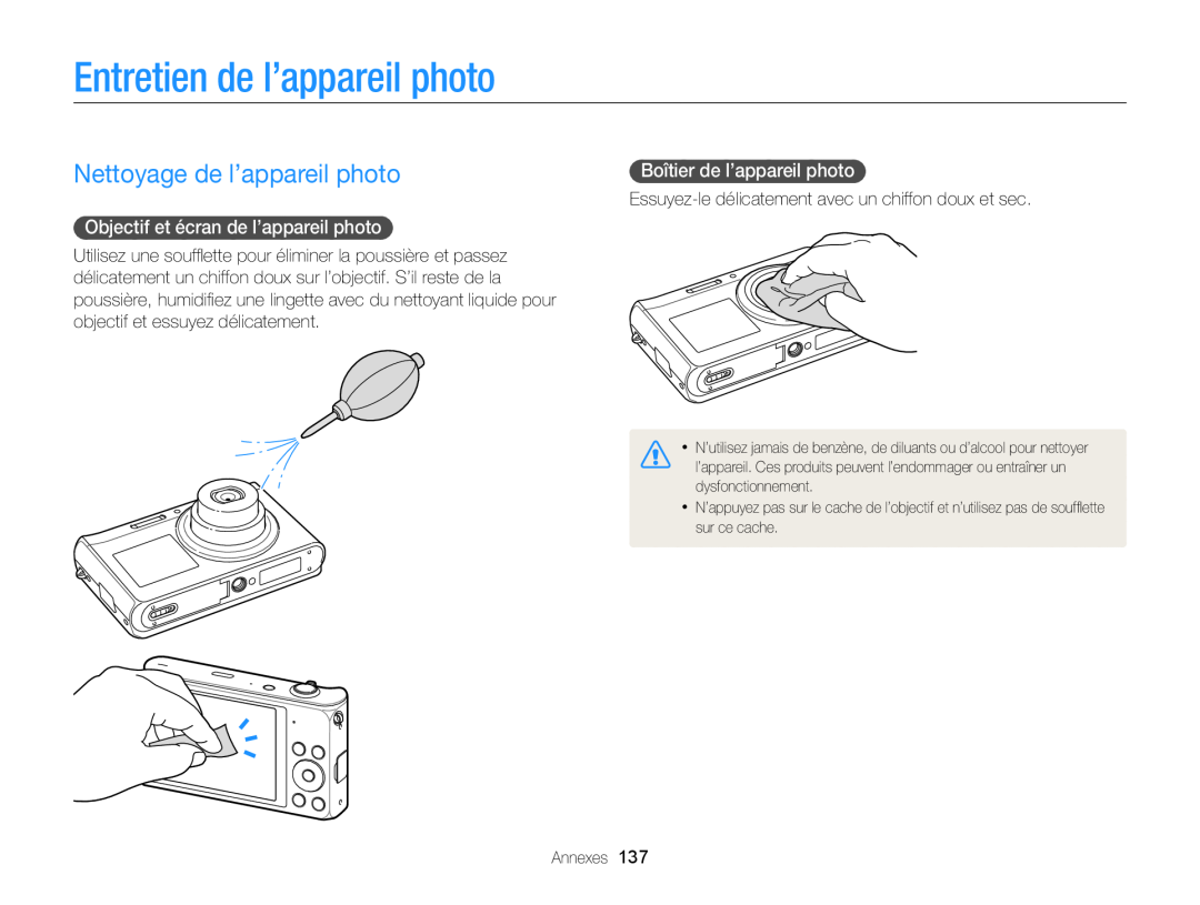 Samsung EC-DV300FBPBE1 Entretien de l’appareil photo, Nettoyage de l’appareil photo, Objectif et écran de l’appareil photo 
