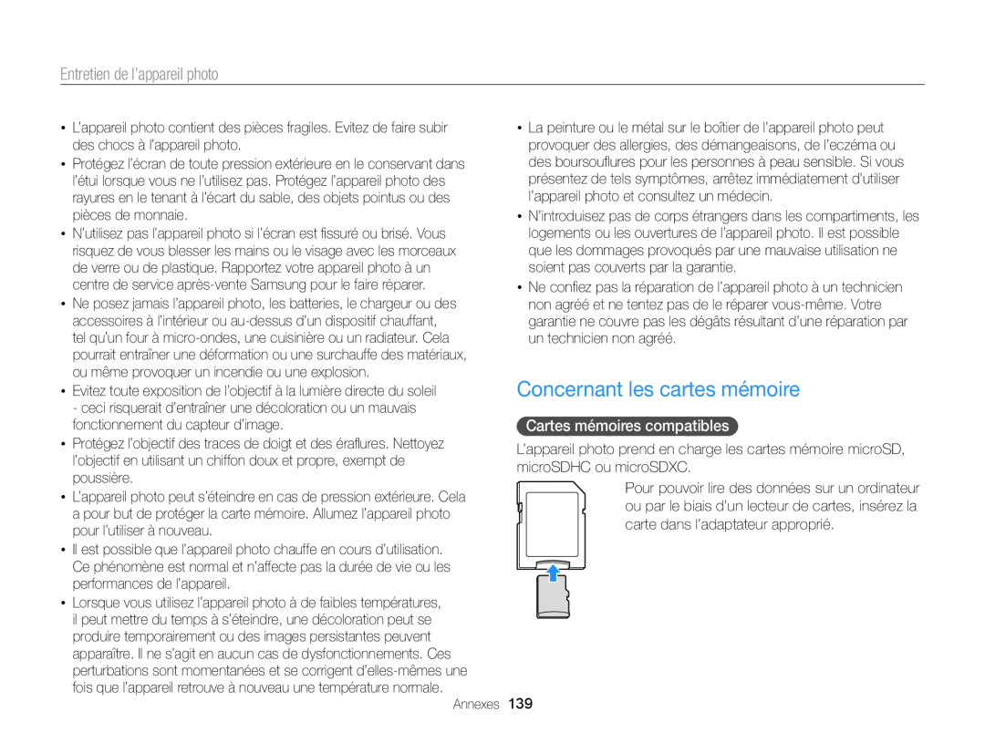 Samsung EC-DV300ZBPRE1 manual Concernant les cartes mémoire, Cartes mémoires compatibles, Entretien de l’appareil photo 