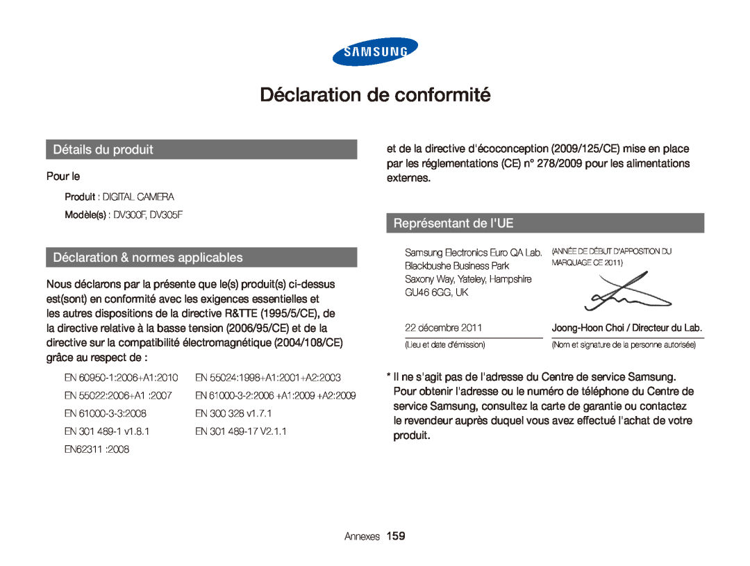 Samsung EC-DV300ZBPRE1, EC-DV300FBPLE1, EC-DV300FBPRE1 Déclaration de conformité, Détails du produit, Représentant de lUE 