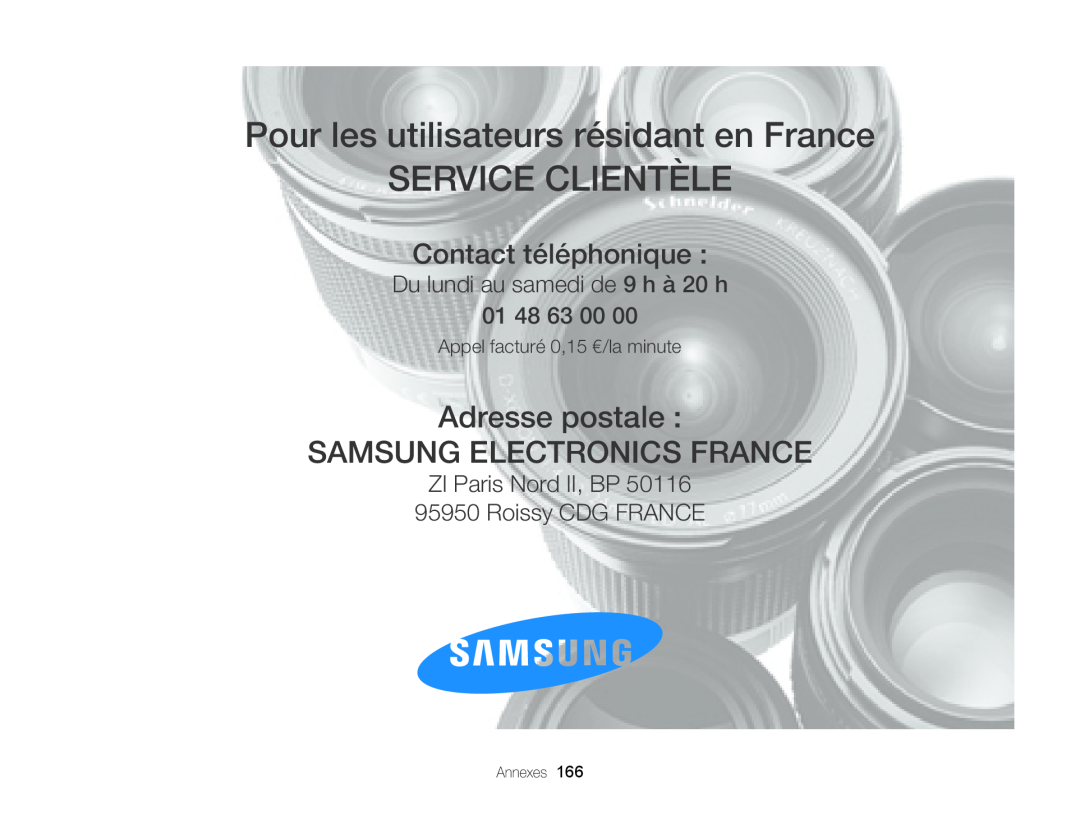 Samsung EC-DV300FBPRE1, EC-DV300ZBPRE1 Pour les utilisateurs résidant en France, Service Clientèle, Contact téléphonique 