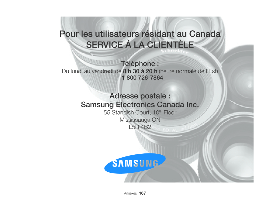 Samsung EC-DV300FBPBE1, EC-DV300ZBPRE1 manual Pour les utilisateurs résidant au Canada, Service À La Clientèle, Téléphone 