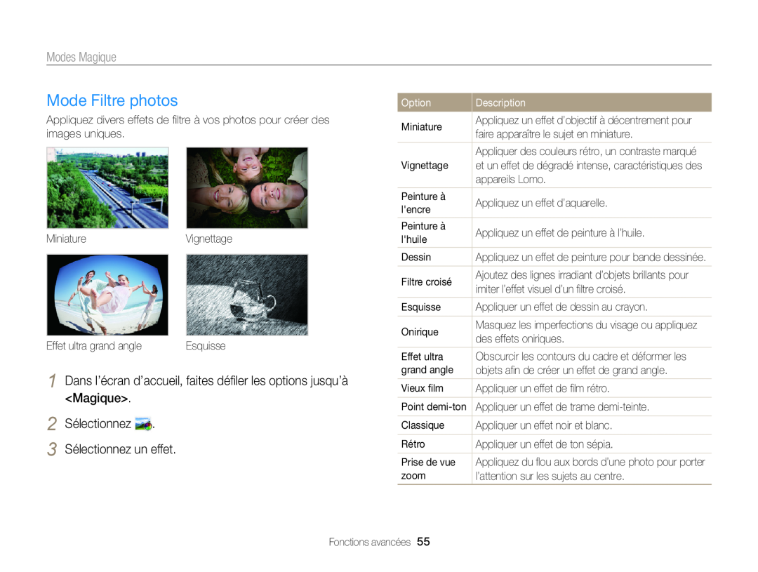 Samsung EC-DV300FBPLE1 Mode Filtre photos, 2 Sélectionnez 3 Sélectionnez un effet, Modes Magique, Option, Description 