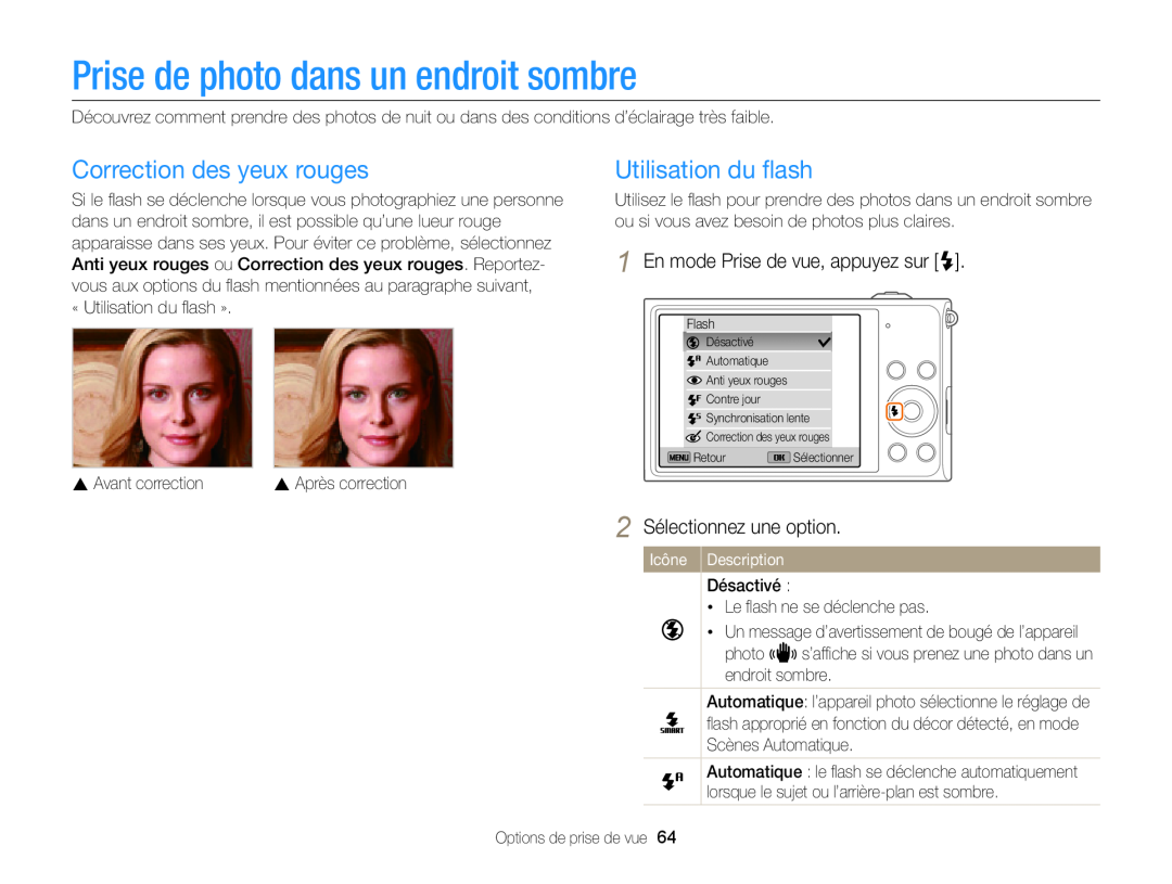 Samsung EC-DV300ZBPRE1 manual Prise de photo dans un endroit sombre, Correction des yeux rouges, Utilisation du ﬂash 