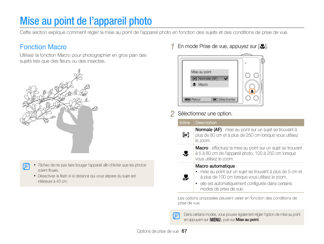 Samsung EC-DV300FBPBE1 manual Mise au point de l’appareil photo, Fonction Macro, En mode Prise de vue, appuyez sur c 