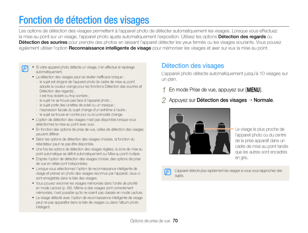 Samsung EC-DV300FBPLE1 manual Fonction de détection des visages, Détection des visages, En mode Prise de vue, appuyez sur m 