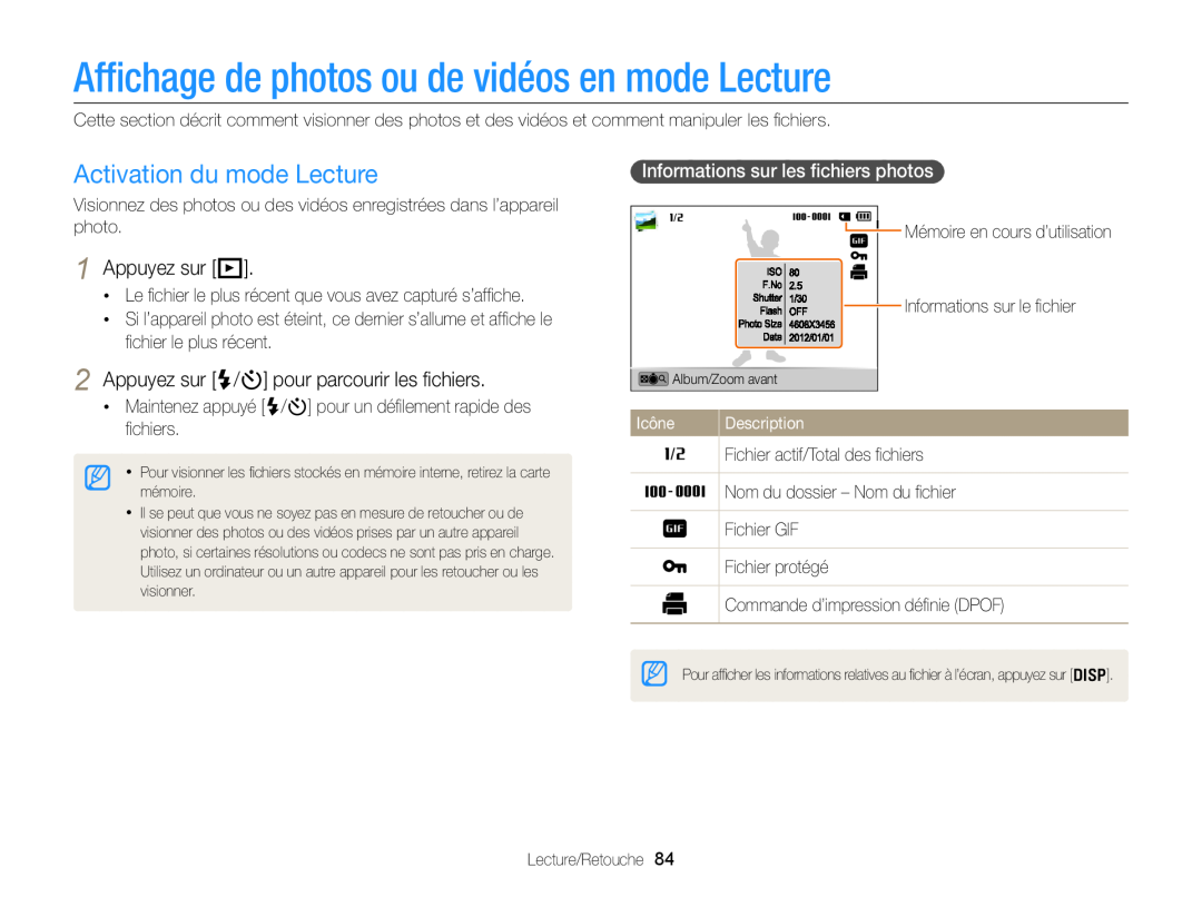Samsung EC-DV300ZBPRE1 Afﬁchage de photos ou de vidéos en mode Lecture, Activation du mode Lecture, Appuyez sur P, Icône 