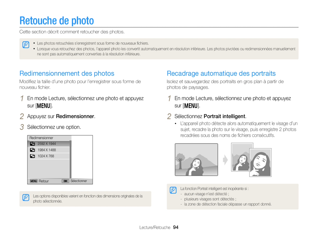 Samsung EC-DV300ZBPRE1 manual Retouche de photo, Redimensionnement des photos, Recadrage automatique des portraits 