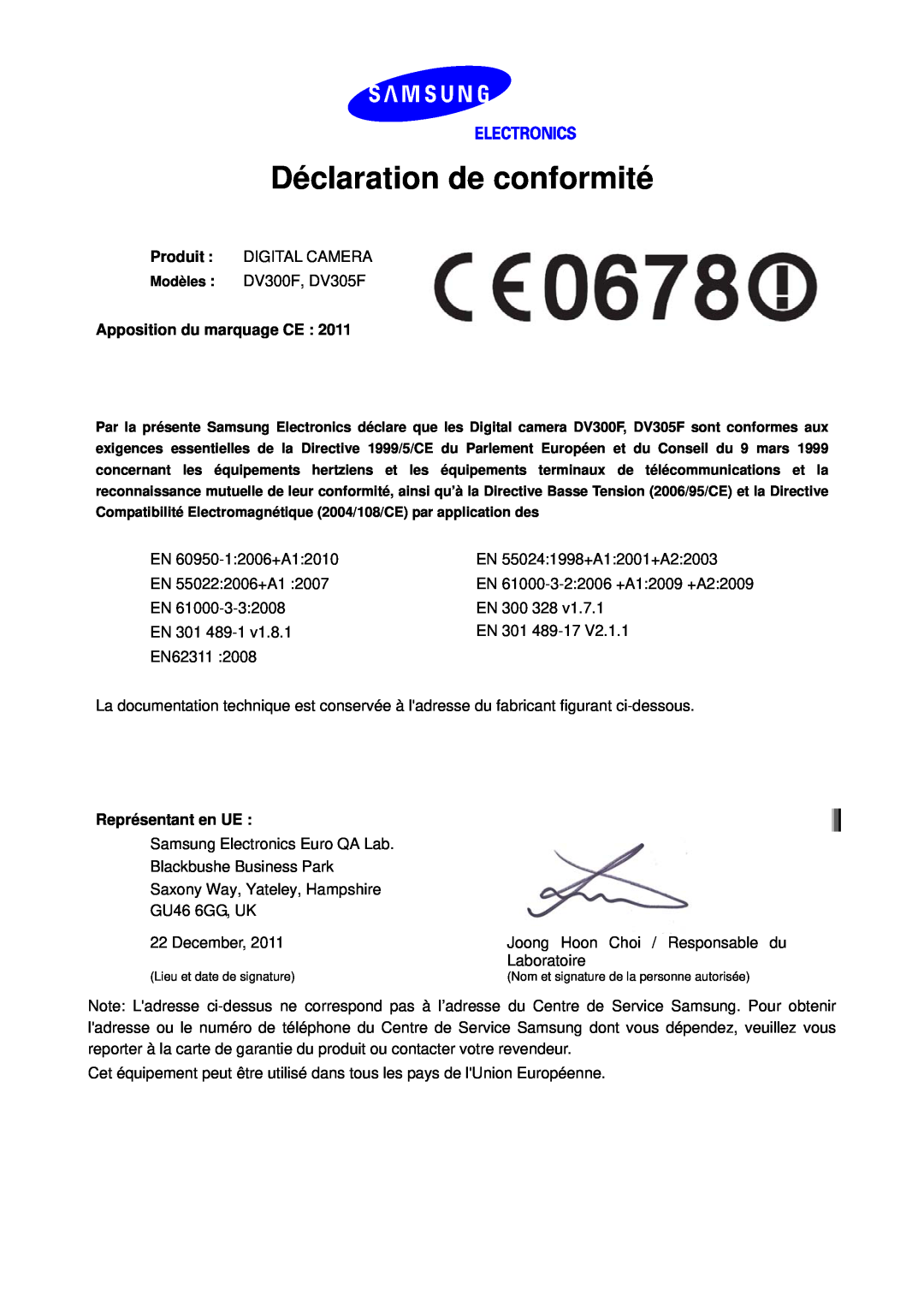 Samsung EC-DV300FBPLE1, EC-DV300ZBPRE1 manual Déclaration de conformité, Apposition du marquage CE, Représentant en UE 