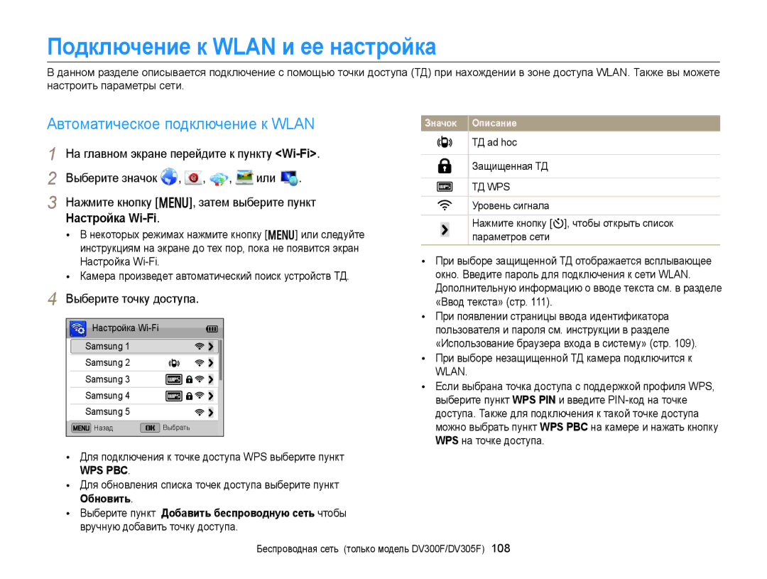 Samsung EC-DV300FBPRRU manual Подключение к Wlan и ее настройка, Автоматическое подключение к Wlan, Выберите точку доступа 