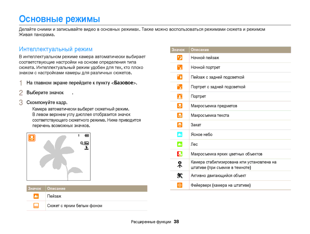 Samsung EC-DV300FBPRRU Основные режимы, Интеллектуальный режим, Пейзаж Сюжет с ярким белым фоном, Расширенные функции 