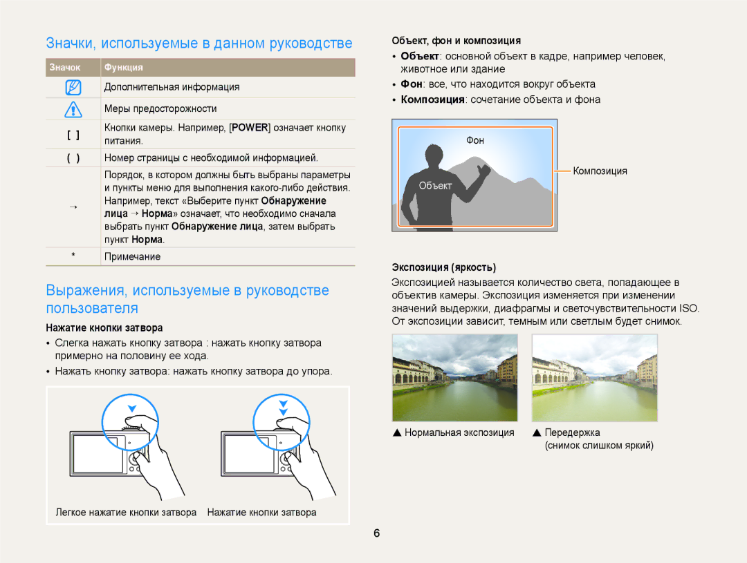 Samsung EC-DV300ZBPRRU manual Значки, используемые в данном руководстве, Выражения, используемые в руководстве пользователя 