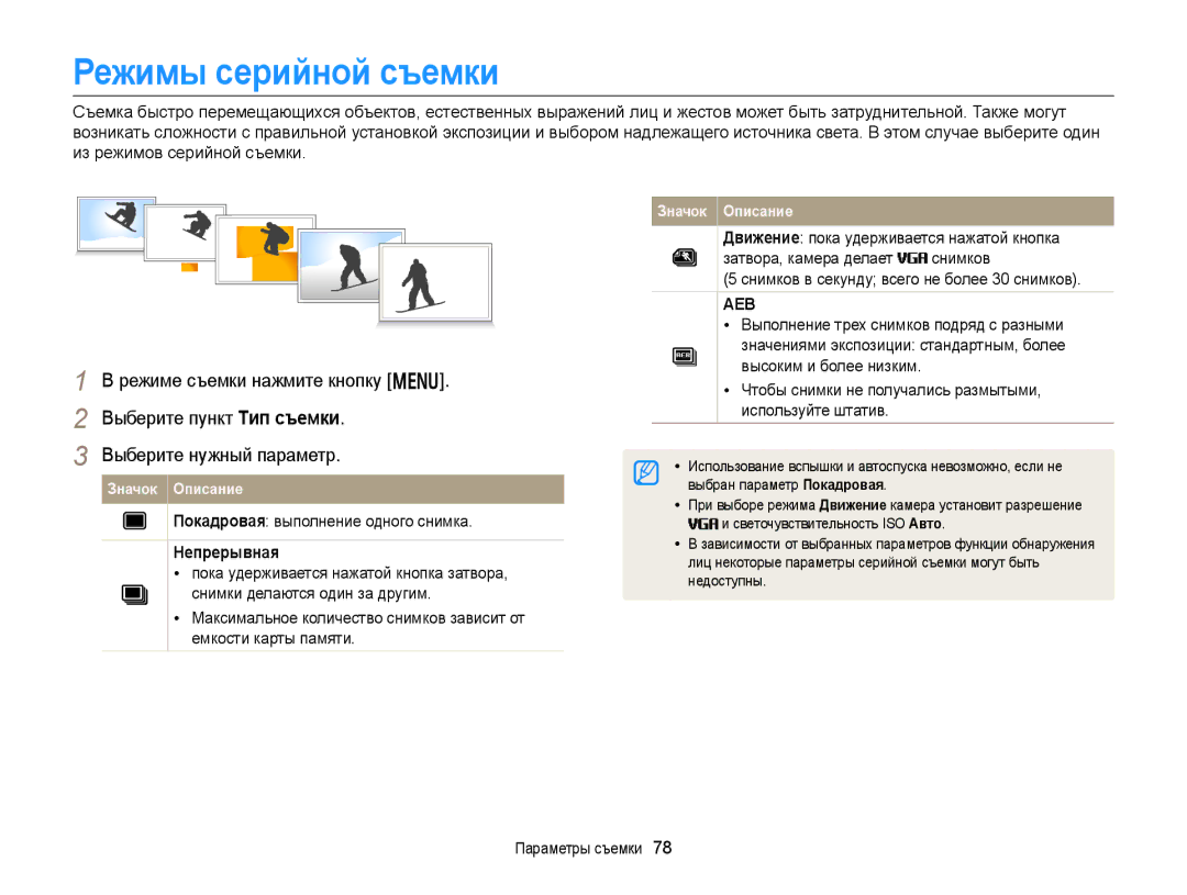 Samsung EC-DV300FBPUE2, EC-DV300ZBPRRU manual Режимы серийной съемки, Покадровая выполнение одного снимка, Непрерывная 