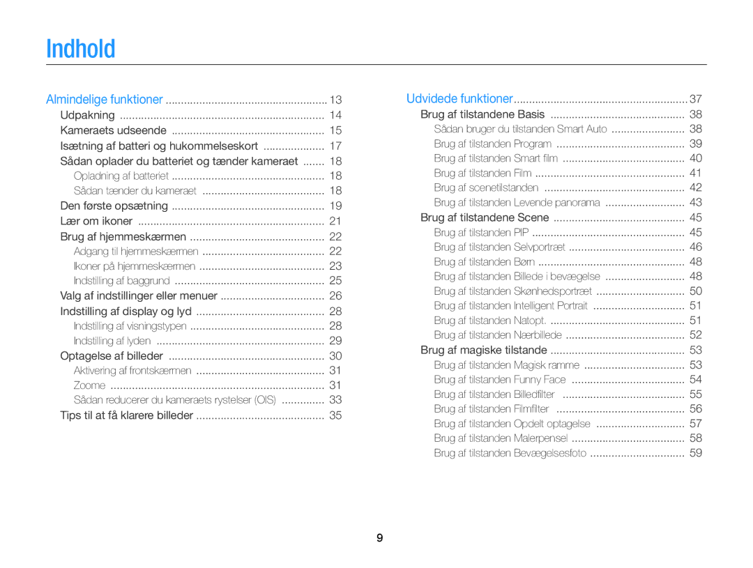 Samsung EC-DV300FBPRE2, EC-DV300ZBPUE2, EC-DV300ZBPBE2 manual Indhold, Sådan oplader du batteriet og tænder kameraet 