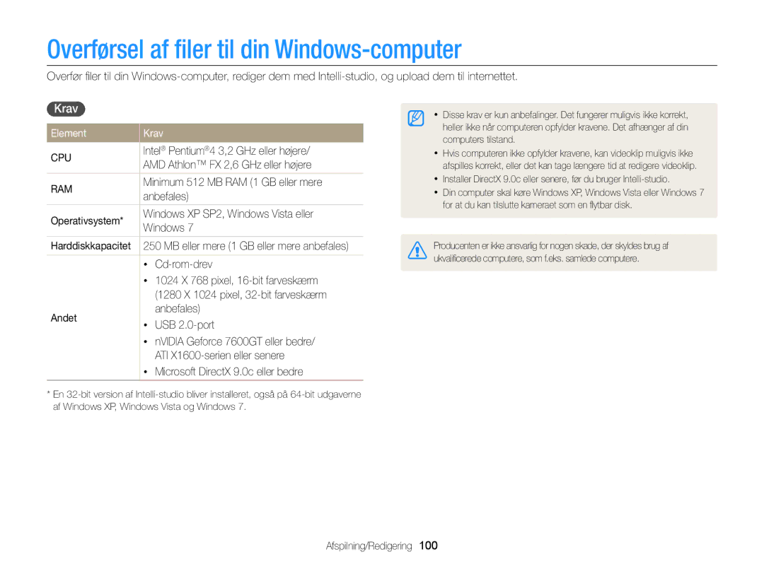 Samsung EC-DV300ZBPRE2, EC-DV300ZBPUE2, EC-DV300ZBPBE2 manual Overførsel af ﬁler til din Windows-computer, Element Krav 