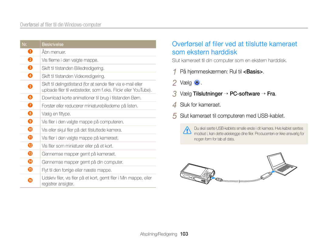 Samsung EC-DV300FBPUE2, EC-DV300ZBPUE2, EC-DV300ZBPBE2 Åbn menuer, Slut kameraet til din computer som en ekstern harddisk 