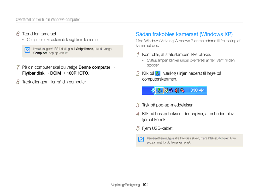 Samsung EC-DV300FBPBE2, EC-DV300ZBPUE2, EC-DV300ZBPBE2, EC-DV300FBPUE2, EC-DV300FBPRE2 Sådan frakobles kameraet Windows XP 