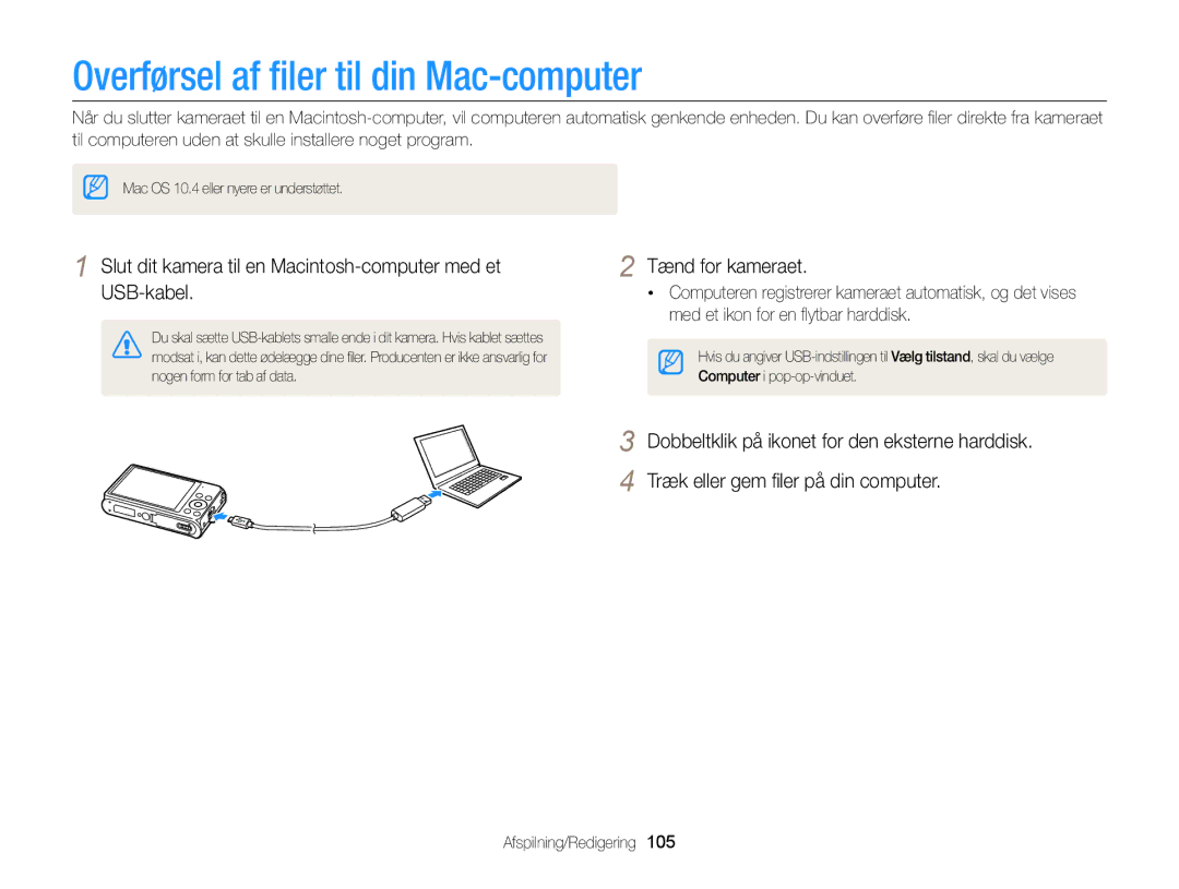 Samsung EC-DV300FBPRE2 Overførsel af ﬁler til din Mac-computer, Slut dit kamera til en Macintosh-computer med et USB-kabel 