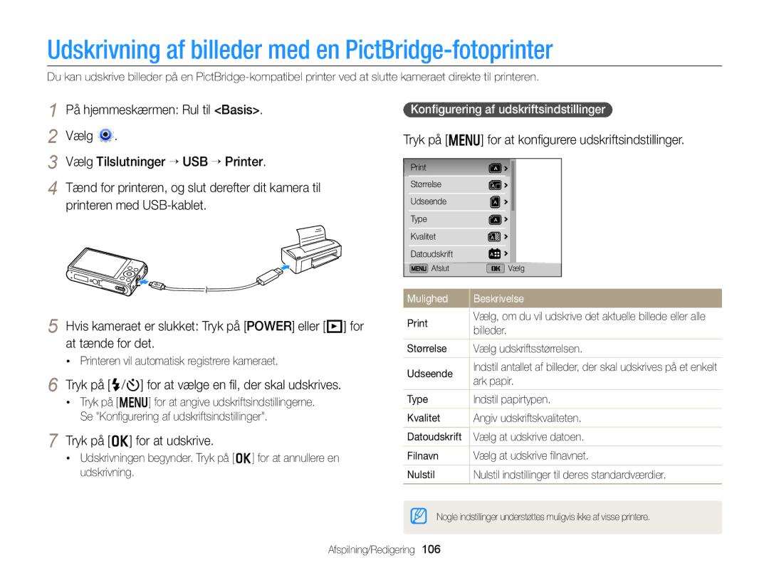 Samsung EC-DV300ZBPRE2 manual Udskrivning af billeder med en PictBridge-fotoprinter, På hjemmeskærmen Rul til Basis Vælg 