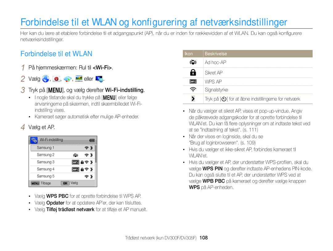 Samsung EC-DV300ZBPBE2, EC-DV300ZBPUE2 Forbindelse til et Wlan, På hjemmeskærmen Rul til Wi-Fi, Vælg Eller, Vælg et AP 