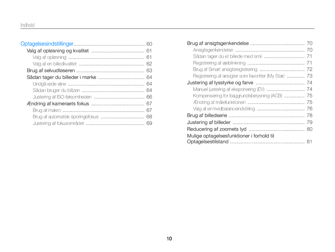 Samsung EC-DV300ZBPRE2, EC-DV300ZBPUE2, EC-DV300ZBPBE2, EC-DV300FBPUE2, EC-DV300FBPBE2, EC-DV300FBPRE2 manual Indhold 