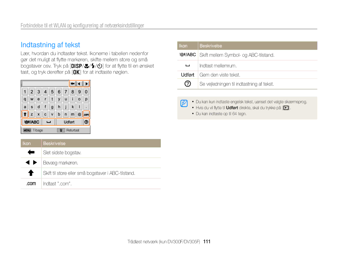 Samsung EC-DV300FBPRE2, EC-DV300ZBPUE2 manual Indtastning af tekst, Skift mellem Symbol- og ABC-tilstand, Indtast mellemrum 