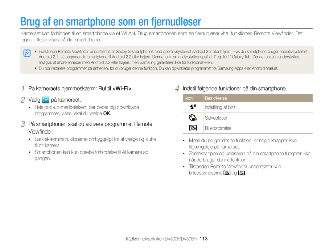 Samsung EC-DV300ZBPUE2 manual Brug af en smartphone som en fjernudløser, Indstil følgende funktioner på din smartphone 