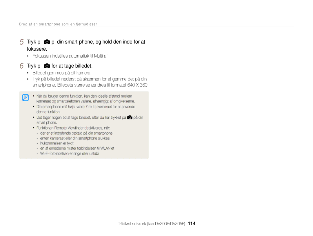 Samsung EC-DV300ZBPBE2, EC-DV300ZBPUE2 manual Brug af en smartphone som en fjernudløser, Tryk på for at tage billedet 