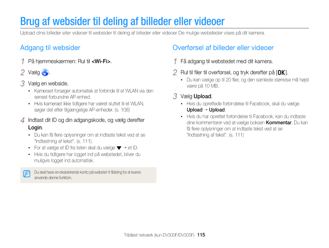 Samsung EC-DV300FBPUE2, EC-DV300ZBPUE2 manual Brug af websider til deling af billeder eller videoer, Adgang til websider 