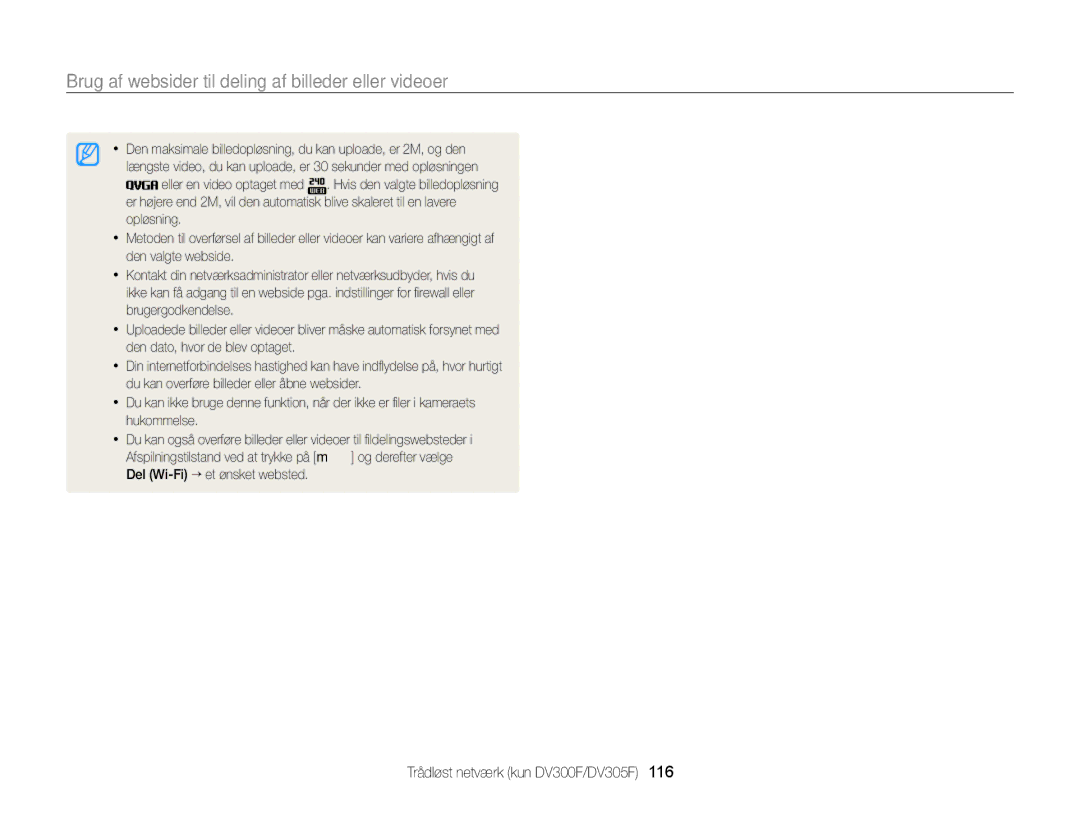 Samsung EC-DV300FBPBE2, EC-DV300ZBPUE2, EC-DV300ZBPBE2, EC-DV300FBPUE2 Brug af websider til deling af billeder eller videoer 